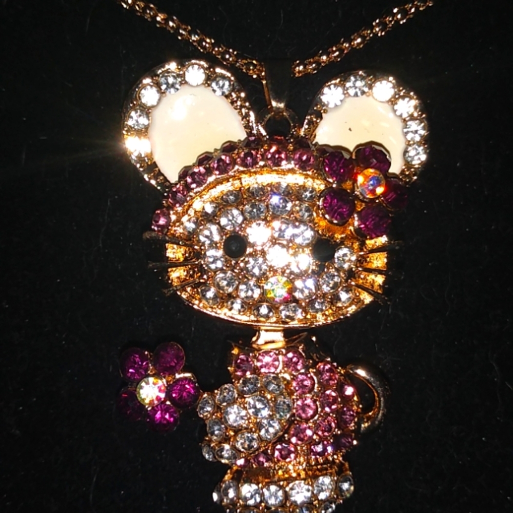 Purple and White Crystal Hello Kitty Bunny Pendant Necklace
